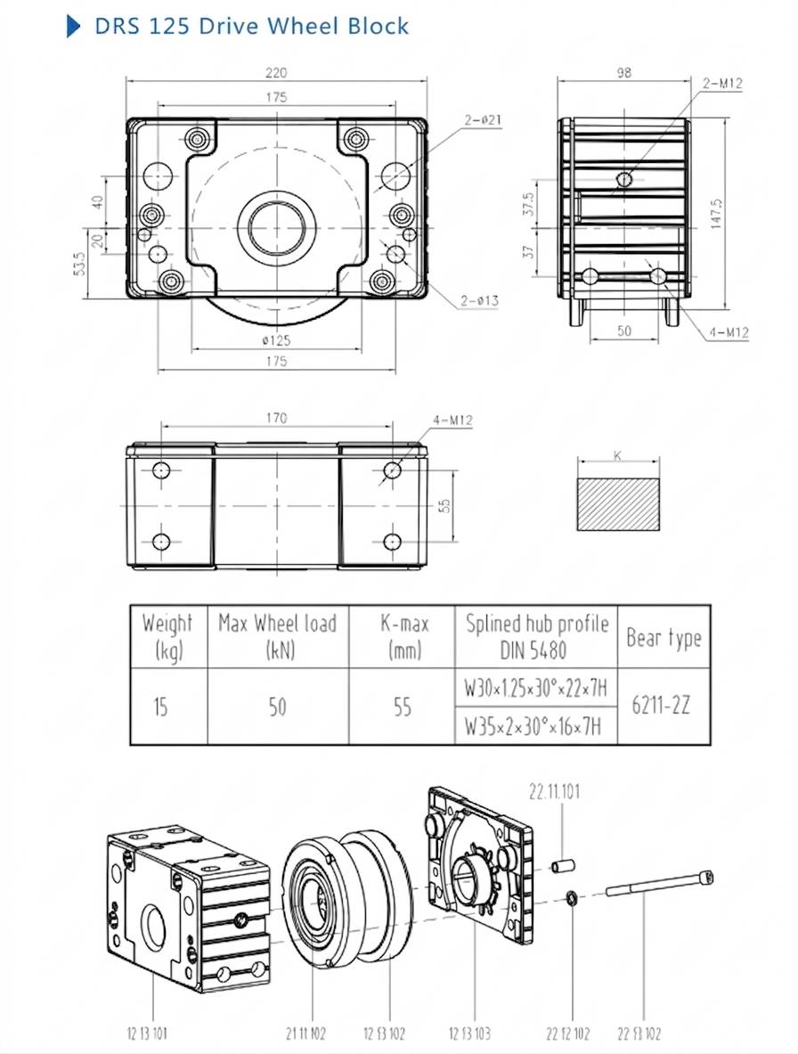 Design drawing of the DRS 125 drive wheel block